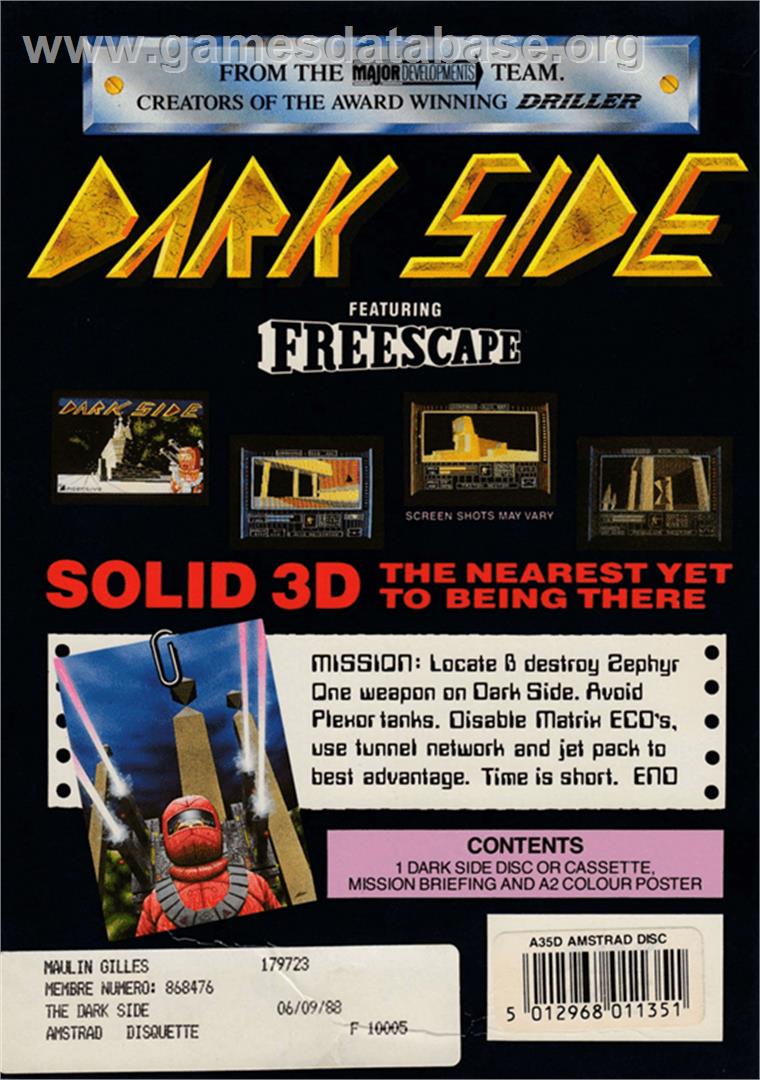 Dark Side - Amstrad CPC - Artwork - Box Back
