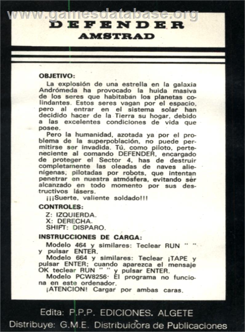 Defender - Amstrad CPC - Artwork - Box Back