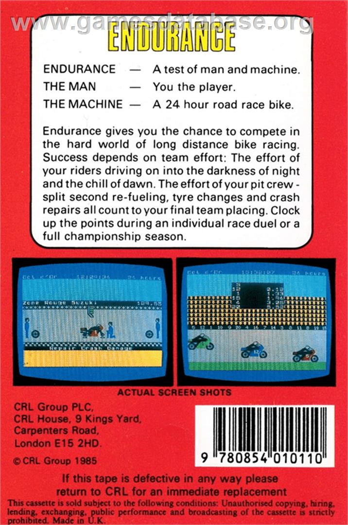 Endurance - Amstrad CPC - Artwork - Box Back