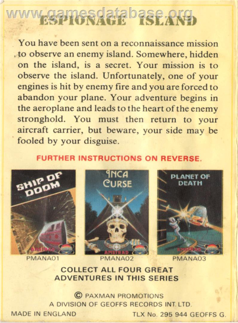 Espionage Island - Amstrad CPC - Artwork - Box Back