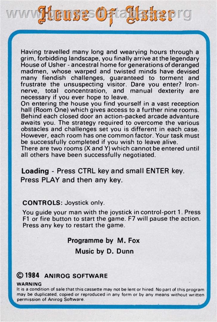 House Of Usher - Amstrad CPC - Artwork - Box Back