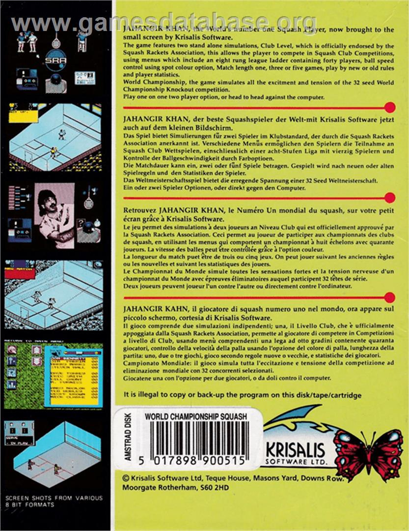 Jahangir Khan's World Championship Squash - Amstrad CPC - Artwork - Box Back