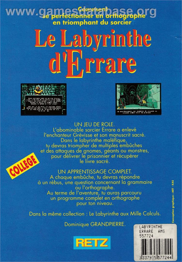 Labyrinthe D'errare, Le - Amstrad CPC - Artwork - Box Back