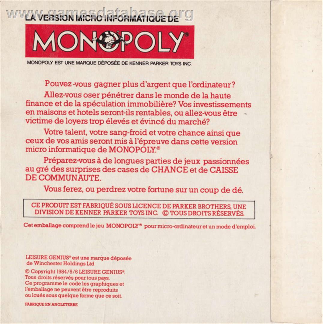 Leisure Genius presents Monopoly - Amstrad CPC - Artwork - Box Back
