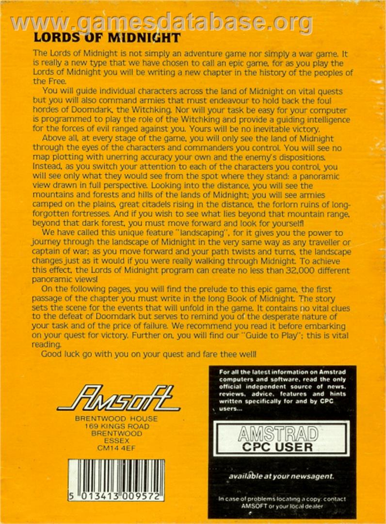 Lords Of Midnight - Amstrad CPC - Artwork - Box Back