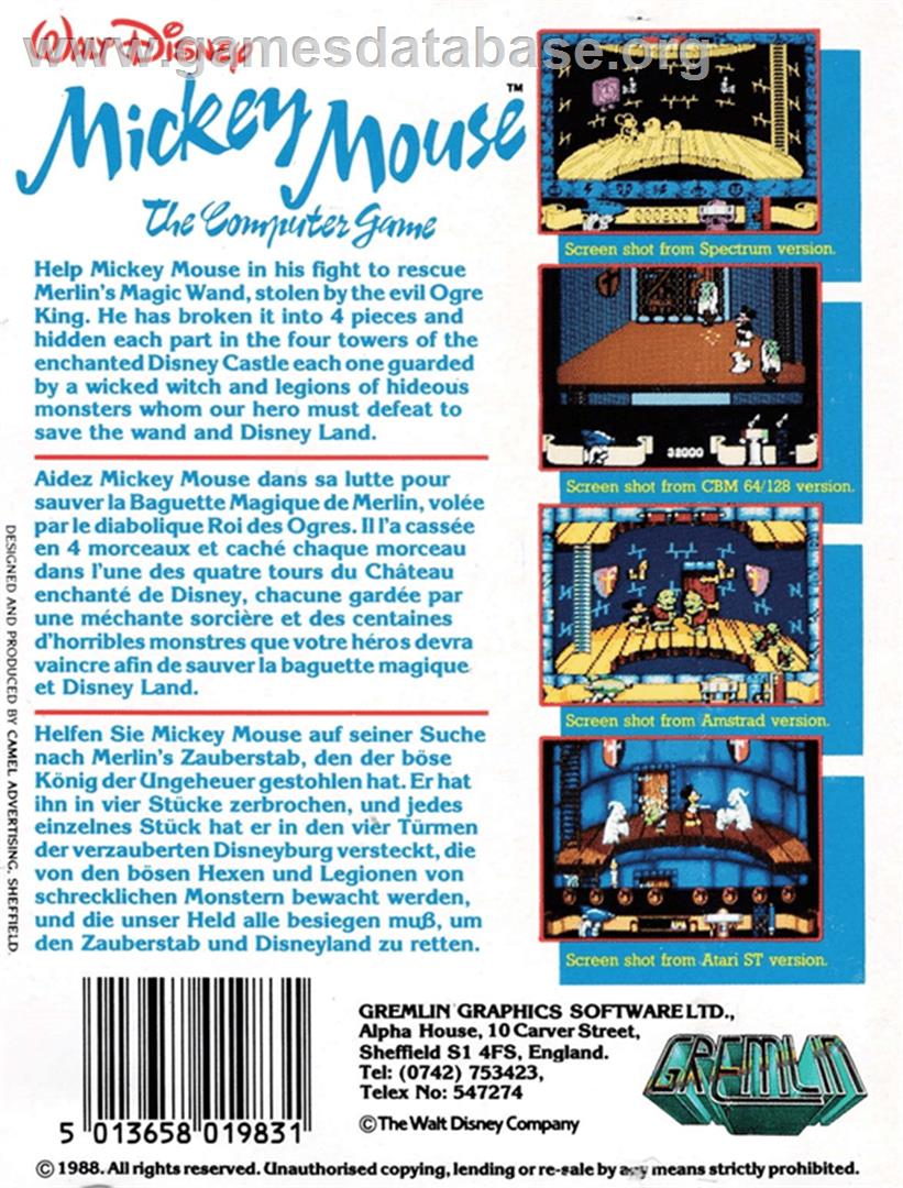Mickey Mouse: The Computer Game - Amstrad CPC - Artwork - Box Back
