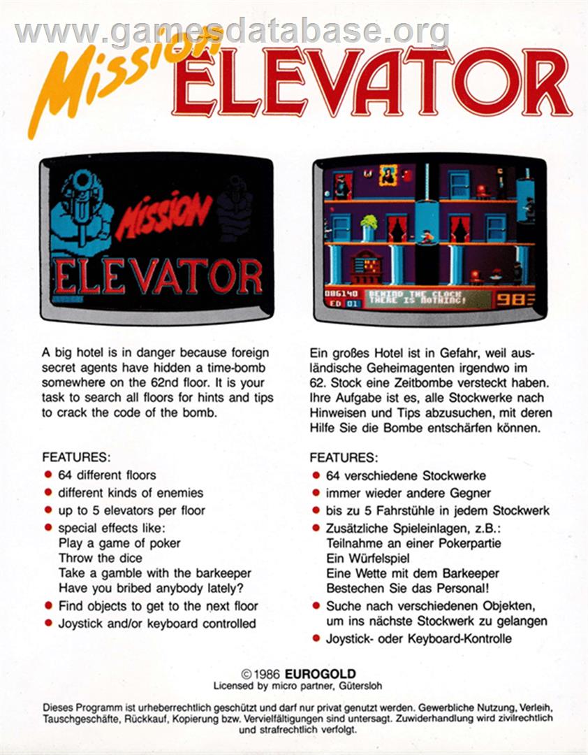 Mission Elevator - Amstrad CPC - Artwork - Box Back