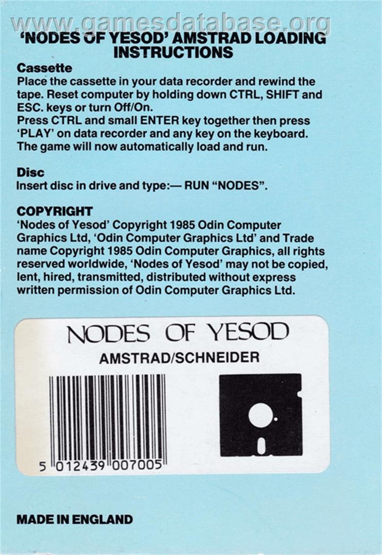 Nodes of Yesod - Amstrad CPC - Artwork - Box Back