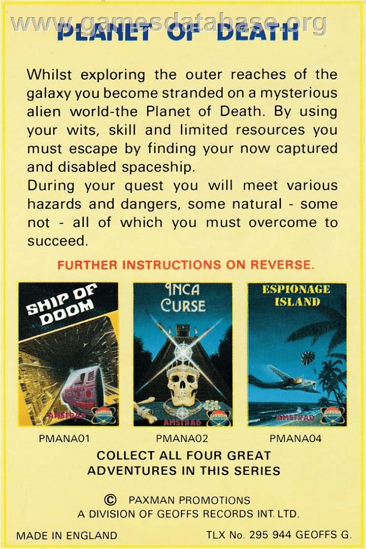 Planet Of Death - Amstrad CPC - Artwork - Box Back
