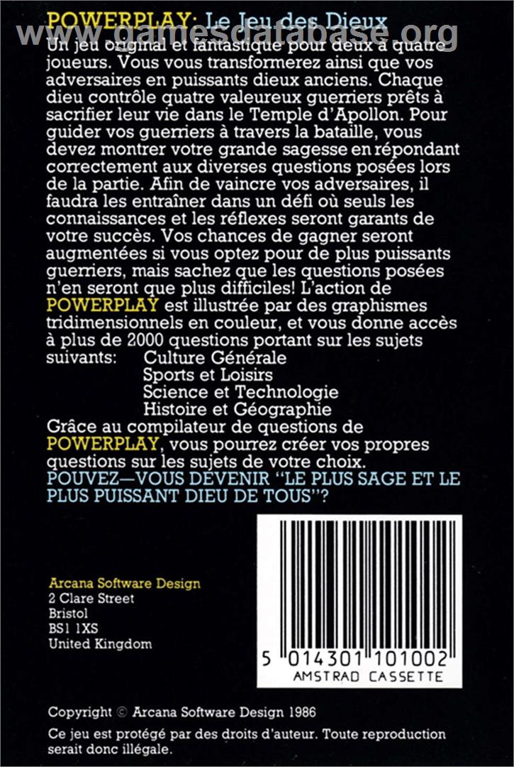 Powerplay: The Game of the Gods - Amstrad CPC - Artwork - Box Back