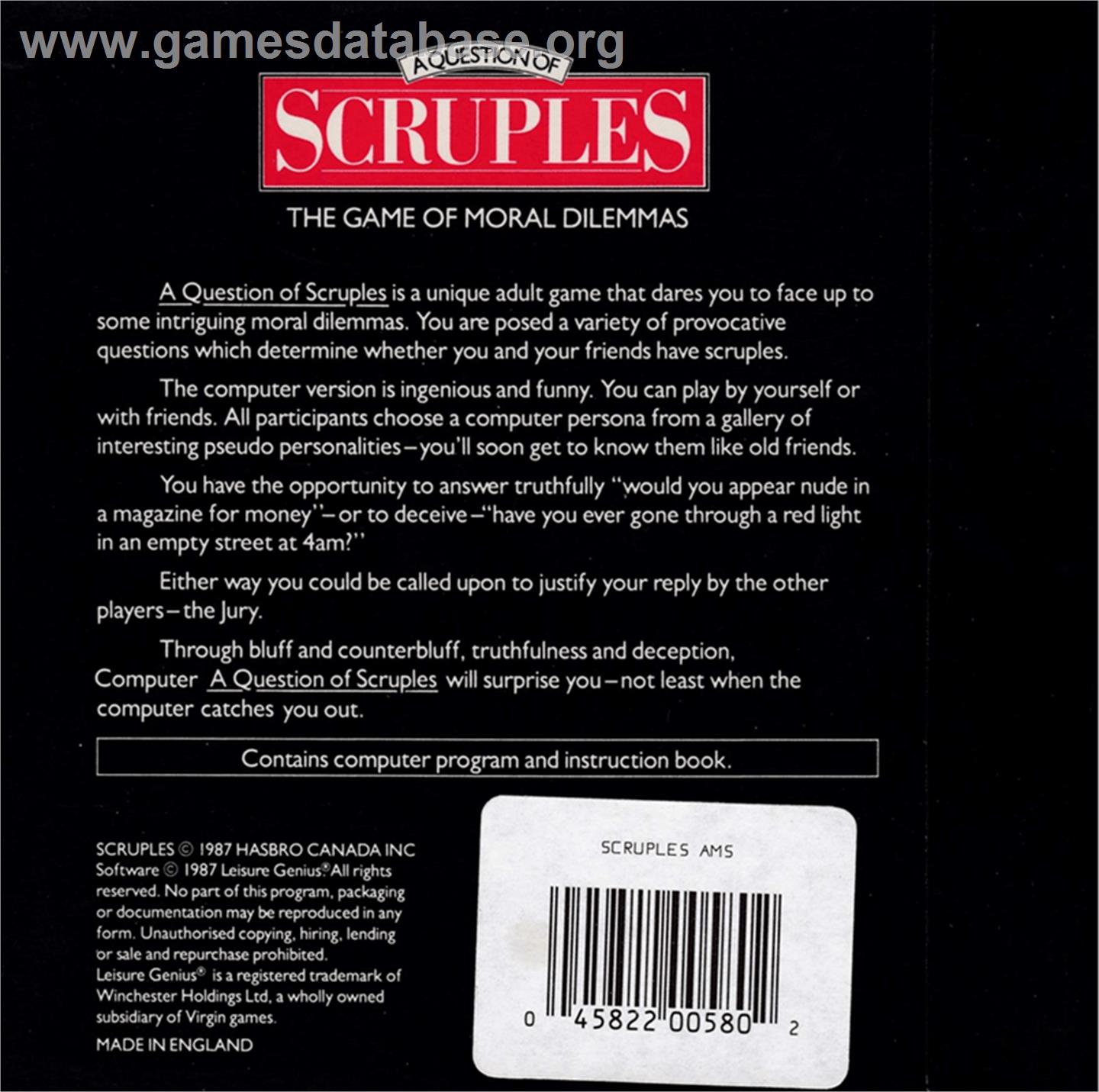 Question Of Scruples, A - Amstrad CPC - Artwork - Box Back