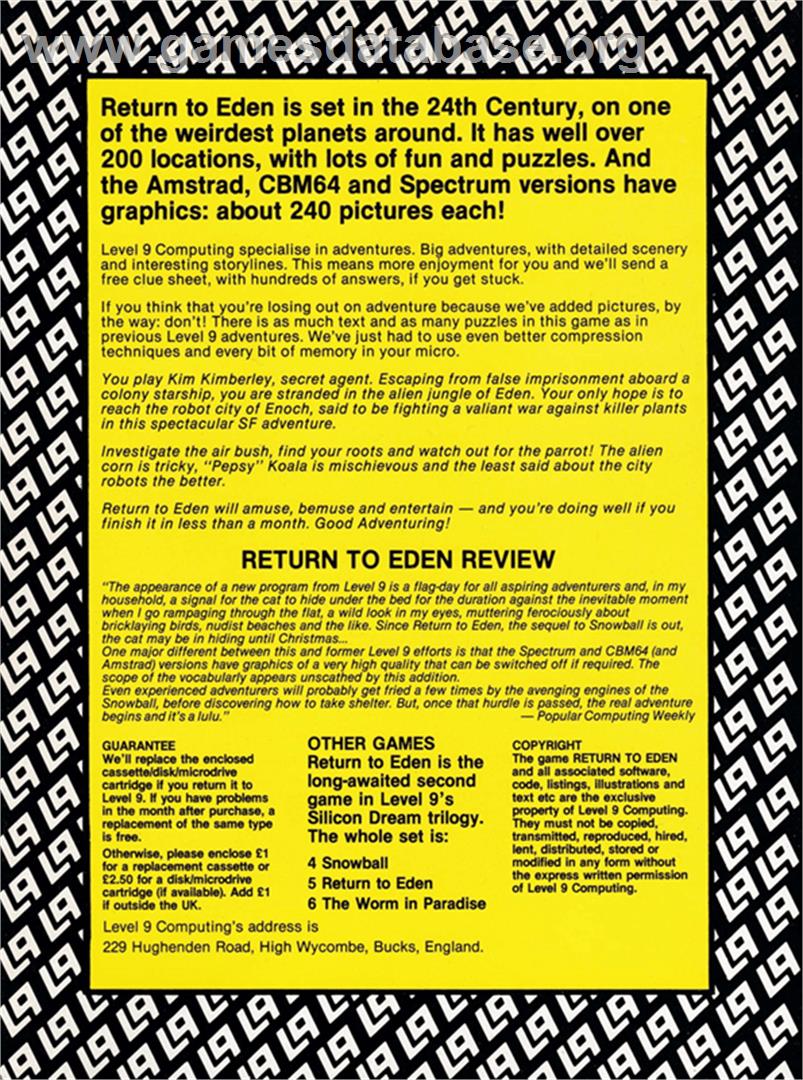 Return to Eden - Amstrad CPC - Artwork - Box Back