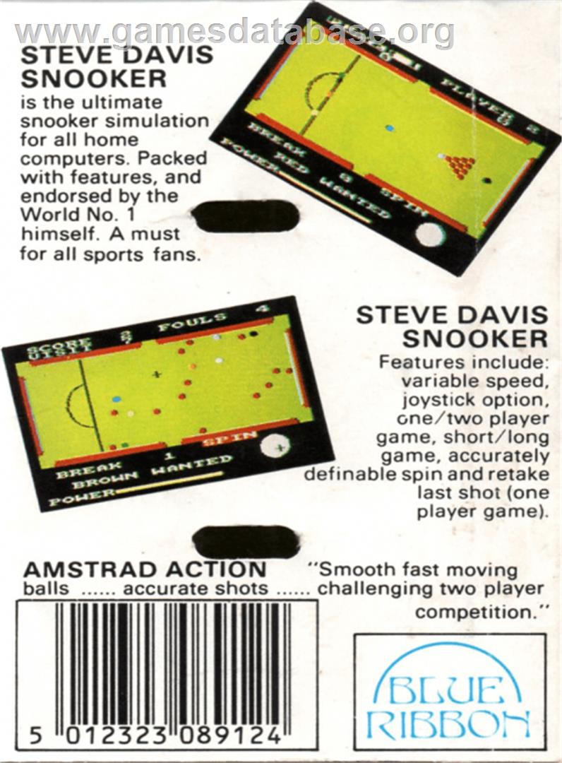 Steve Davis Snooker - Amstrad CPC - Artwork - Box Back