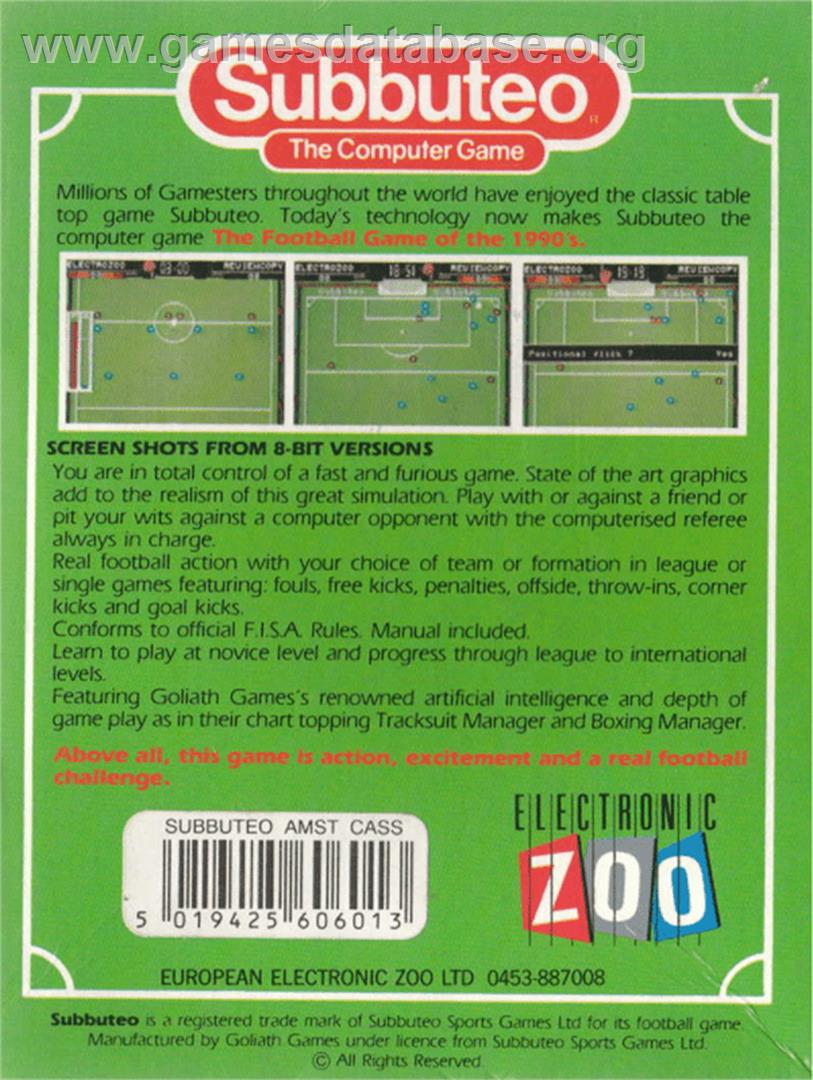 Subbuteo: The Computer Game - Amstrad CPC - Artwork - Box Back