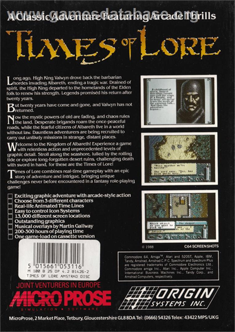 Times of Lore - Amstrad CPC - Artwork - Box Back