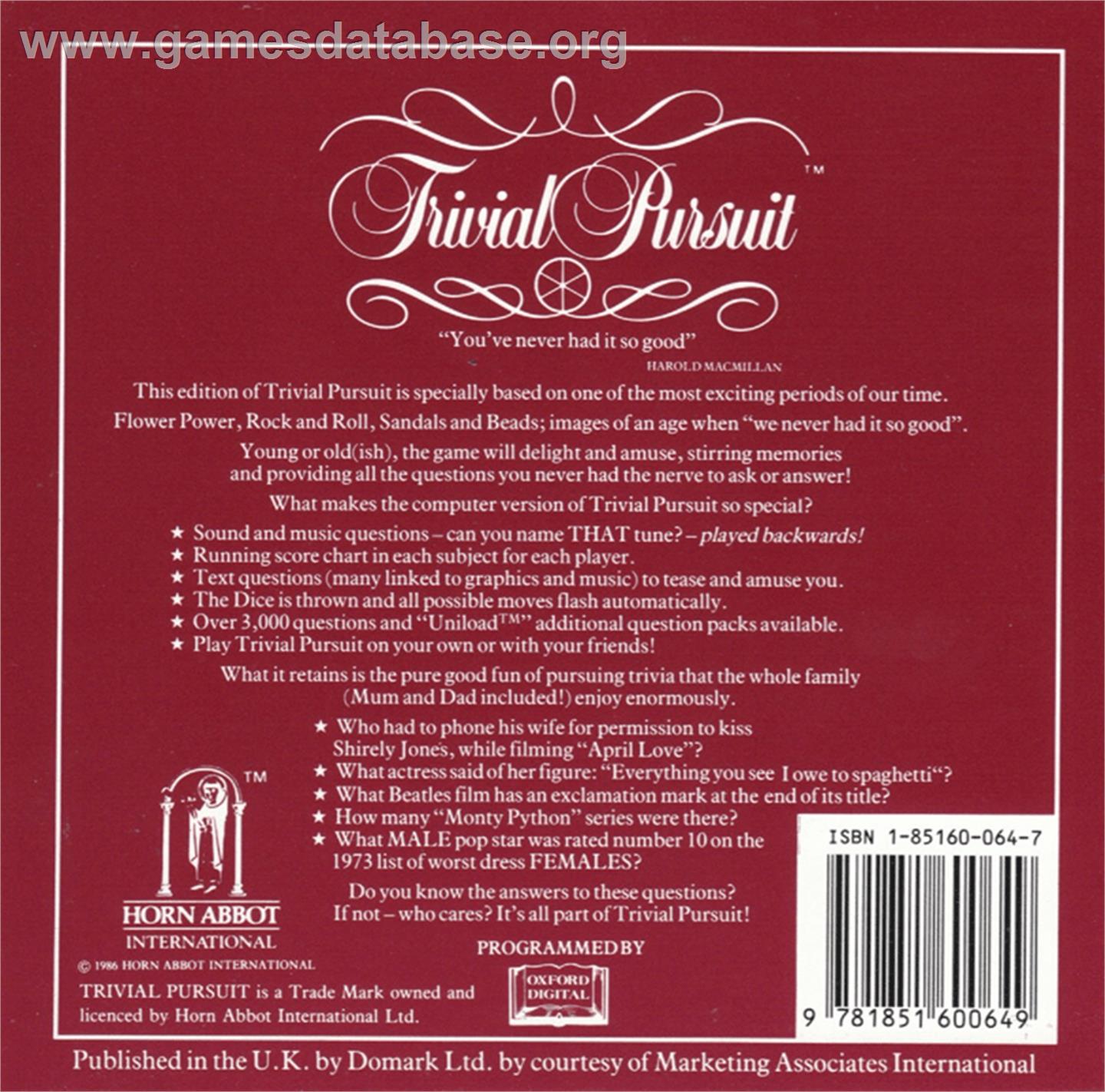 Trivial Pursuit - Baby Boomer Edition - Amstrad CPC - Artwork - Box Back