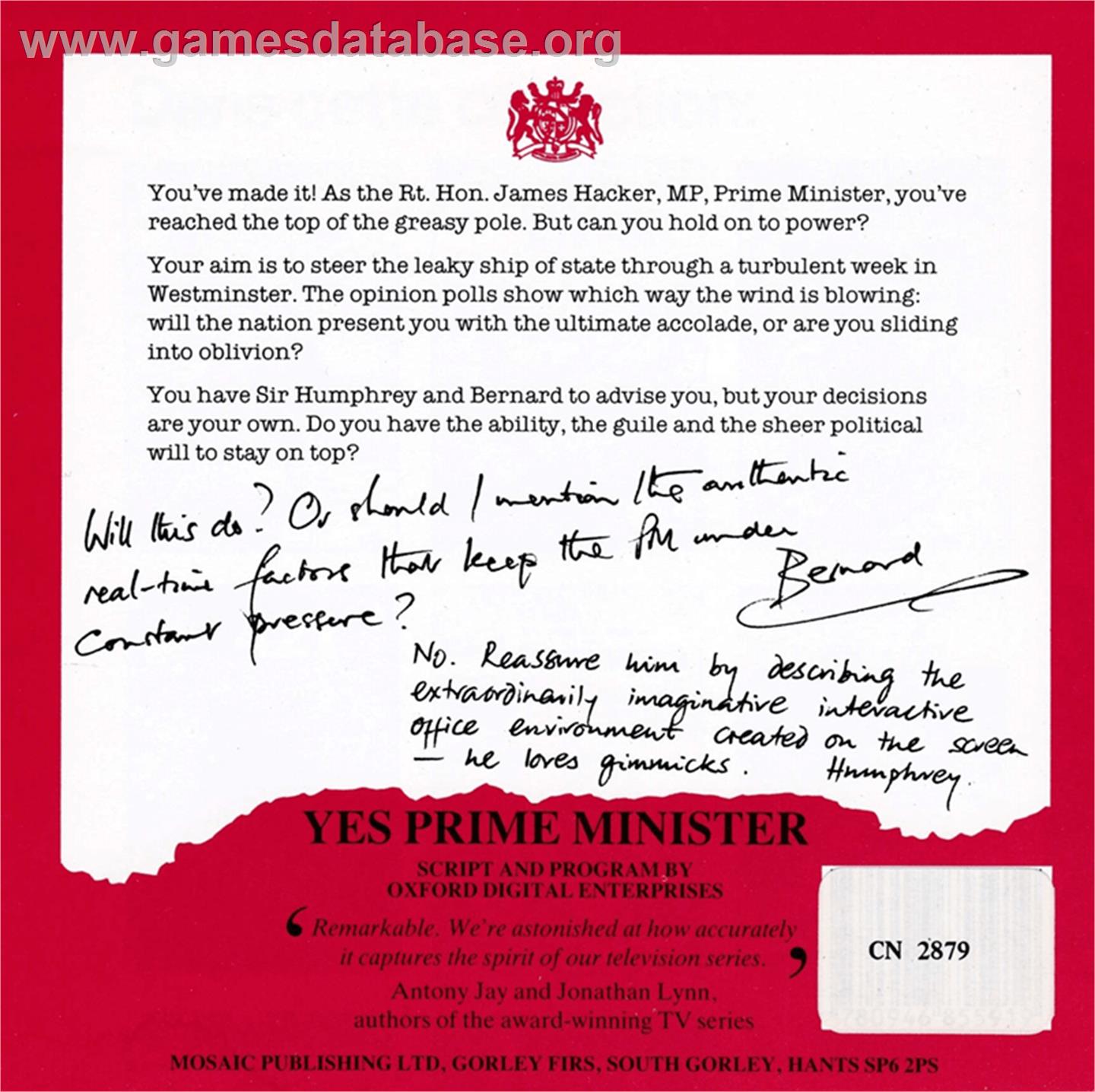 Yes Prime Minister - Amstrad CPC - Artwork - Box Back