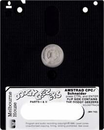 Cartridge artwork for Dodgy Geezers on the Amstrad CPC.