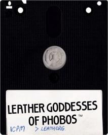 Cartridge artwork for Leather Goddesses of Phobos on the Amstrad CPC.