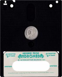 Cartridge artwork for Message From Andromeda on the Amstrad CPC.