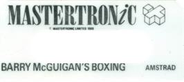 Top of cartridge artwork for Barry McGuigan World Championship Boxing on the Amstrad CPC.