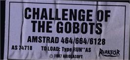 Top of cartridge artwork for Challenge Of The Gobots on the Amstrad CPC.