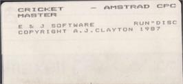 Top of cartridge artwork for Cricket Master on the Amstrad CPC.