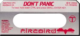 Top of cartridge artwork for Don't Panic on the Amstrad CPC.