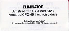 Top of cartridge artwork for Eliminator on the Amstrad CPC.