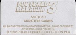 Top of cartridge artwork for Football Manager 3 on the Amstrad CPC.