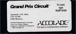 Top of cartridge artwork for Grand Prix Circuit on the Amstrad CPC.