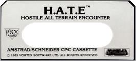Top of cartridge artwork for HATE: Hostile All Terrain Encounter on the Amstrad CPC.