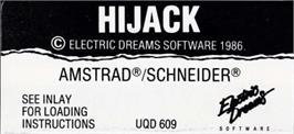 Top of cartridge artwork for Hijack on the Amstrad CPC.