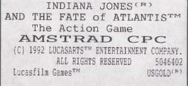 Top of cartridge artwork for Indiana Jones and the Fate of Atlantis on the Amstrad CPC.