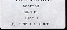 Top of cartridge artwork for Iron Lord on the Amstrad CPC.