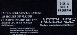Top of cartridge artwork for Jack Nicklaus' Greatest 18 Holes of Major Championship Golf on the Amstrad CPC.