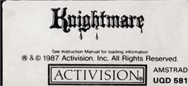 Top of cartridge artwork for Knightmare on the Amstrad CPC.