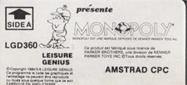 Top of cartridge artwork for Leisure Genius presents Monopoly on the Amstrad CPC.