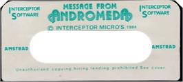 Top of cartridge artwork for Message From Andromeda on the Amstrad CPC.
