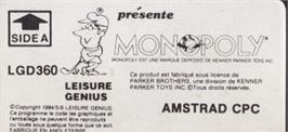 Top of cartridge artwork for Monopoly on the Amstrad CPC.
