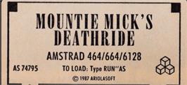 Top of cartridge artwork for Mountie Mick's Death Ride on the Amstrad CPC.