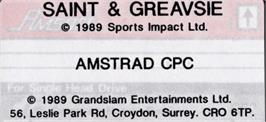 Top of cartridge artwork for Saint And Greavsie on the Amstrad CPC.