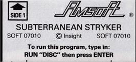Top of cartridge artwork for Subterranean Stryker on the Amstrad CPC.