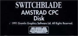 Top of cartridge artwork for Switchblade on the Amstrad CPC.
