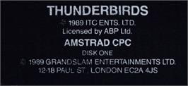 Top of cartridge artwork for Thunderbirds on the Amstrad CPC.
