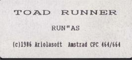 Top of cartridge artwork for Toad Runner on the Amstrad CPC.