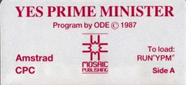 Top of cartridge artwork for Yes Prime Minister on the Amstrad CPC.
