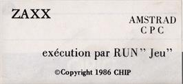 Top of cartridge artwork for Zaxx on the Amstrad CPC.