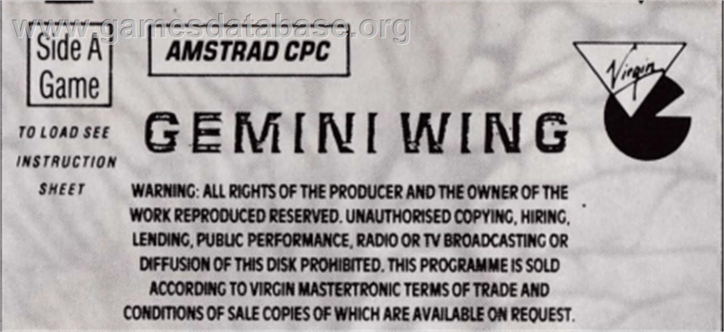 Gemini Wing - Amstrad CPC - Artwork - Cartridge Top