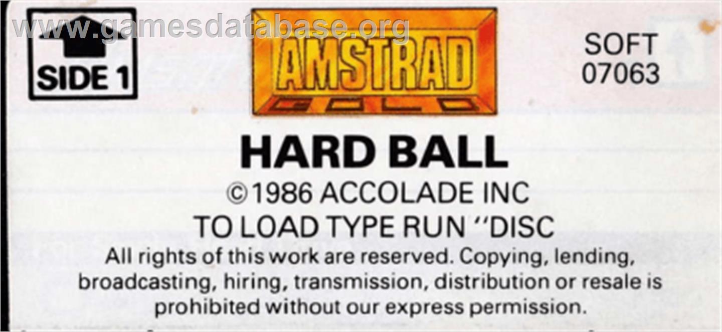 HardBall - Amstrad CPC - Artwork - Cartridge Top